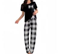 SamHeng Women's Pyjama Set Round Neck Short Sleeve Tops and Long Pants Soft Sleepwear Loungewear Summer Pjs Set Casual Nightwear for Ladies(White/L)