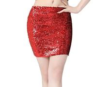 SamHeng Women's Sequin Skirts, Sparkle Stretchy Bodycon Glitter Skirts, Shiny Short Hip Wrap Skirt Mini Skirt for Party Cocktail Dress Performance Costume Red