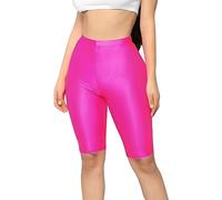 SamHeng Women's Shiny High Waist Metallic Cycling Shorts, Quick Dry Stretchy Biker Leggings, Knee Length Slim Fit Running Shorts for Sports Workout Fitness Dance Pilates Rose