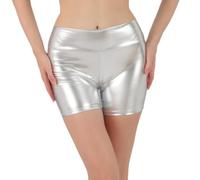 SamHeng Women's Shiny Metallic High Waist Shorts PU Leather Wet Look Dance Rave Hot Pants Party Night Clubwear Streetwear (Silver/L)