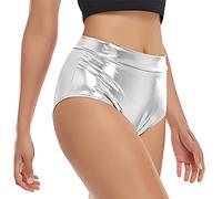 SamHeng Women's Shiny Metallic Hot Pants, Ballet Dance Underwear, Wet Look High Waist Booty Shorts for Dancewear, Nightclub, Rave, Party Performance Costume - Silver