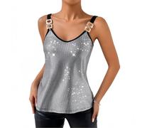 SamHeng Women's Shiny Vest Top, Sexy V Neck Sparkly Tank Top Metal Double Buckle Spaghetti Strap Blouse Cami Tops Summer Sleeveless Backless Glitter Camisole for Going Out Party Night Club