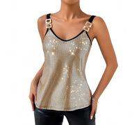 SamHeng Women's Shiny Vest Top, Sexy V Neck Sparkly Tank Top Metal Double Buckle Spaghetti Strap Blouse Cami Tops Summer Sleeveless Backless Glitter Camisole for Going Out Party Night Club, Brown L