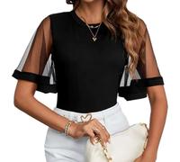 SamHeng Women's Short Sleeve Tops, Black See Through Mesh Trumpet Sleeved Top Round Neck Basic T-Shirt Fashion Slim Fit Tee Top Crewneck Ladies Casual Tunic Shirts Club Streetwear (M)