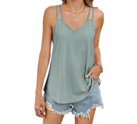 SamHeng Women's Summer Tank Tops, Ladies Sleeveless Top Sexy V Neck Spaghetti Strap Cami Top, Eyelet Hollow Embroidery Loost Fit Camisole Vests Curved Hem Casual Shirts (Green-L)