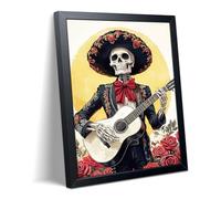 SAMHOU Skeleton Guitar Wall Art Canvas Framed Poster Painting Print Picture, Mariachi Skull Musician Artwork with Roses, Gothic Day of the Dead Decor for Bedroom Living Room Home Bar 12x16 Inch