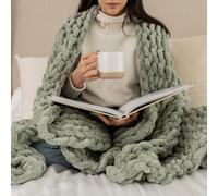 SAMIAH LUXE Chunky Knit Blanket 50x60 Sage - Green Luxury Chenille Blanket for Farmhouse Decor; Boho Decor Throw Blanket for Fall Decor; Tight Braided Thick Cable Knit Throw for Couch or Bed