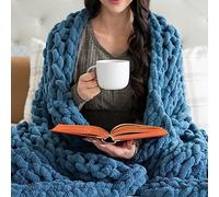SAMIAH LUXE Chunky Knit Blanket Throw 50x70, Blue Chenille Chunky Knit Throw Blanket for Living Room Decor or Boho Decor, Thick Yarn Knitted Blankets for Couch or Bed, Cable Knitted Crochet Blankets