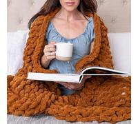 SAMIAH LUXE Chunky Knit Throw Blanket 50x60 in, 6 lb Amber Orange | Hand-Finished Chenille Cable Knit for Couch, Bed and Sofa, OEKO-TEX Certified, Machine Washable, Canvas Gift Bag Included