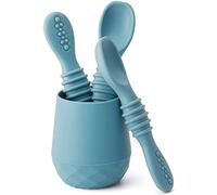 SAMiGO Silicone Baby Utensils - Self Feeding Spoons and Tiny Training Cup - First Stage Baby Led Weaning Supplies for 6 Months+ Infants - Set of 4