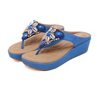 Samko Women's Summer Thong Sandals Wedge Clip Toe Shoes Folk Bohemia Rhinestone Beaded Flip Flops Blue 2.5 UK