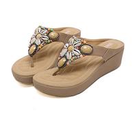 Samko Womens Wedge Sandals Summer Beach Bohemian Platform Flip Flops Comfy Casual Breathable Leather Shoes Beige 2.5 UK