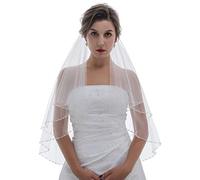 SAMKY 2T 2 Tier Pearl Crystal Beaded Bridal Wedding Veil, Ivory, Elbow Length 30"