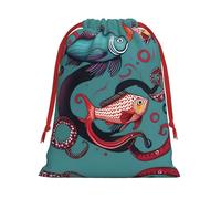SamLng Large Drawstring Gift Bag - Fish and Octopus Perfect for Christmas, Holiday, & Party Favors - Candy Bags & Treat Sacks