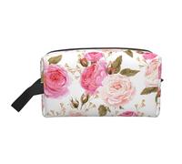 SamLng Large Travel Cosmetic Bag â€“ Floral Flower Rose Pink Full-Print Design, Portable Toiletry Organizer, Multi-Use Pouch for Makeup, White, One Size