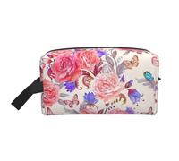 SamLng Large Travel Cosmetic Bag – Flower Rose Butterfly Full-Print Design, Portable Toiletry Organizer, Multi-Use Pouch for Makeup, White, One Size