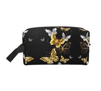 SamLng Large Travel Cosmetic Bag - Gold White Butterflies Black Full-Print Design, Portable Toiletry Organizer, Multi-Use Pouch for Makeup, White, One Size