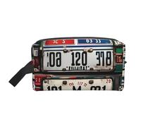 SamLng Large Travel Cosmetic Bag - Old License Plate Full-Print Design, Portable Toiletry Organizer, Multi-Use Pouch for Makeup, White, One Size