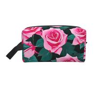 SamLng Large Travel Cosmetic Bag - Pink Roses Picture Full-Print Design, Portable Toiletry Organizer, Multi-Use Pouch for Makeup, White, One Size