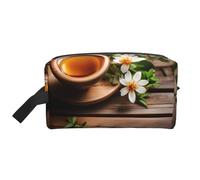 SamLng Large Travel Cosmetic Bag - Teal Flower on Wooden Plank Full-Print Design, Portable Toiletry Organizer, Multi-Use Pouch for Makeup, White, One Size