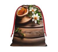 SamLng Medium Drawstring Gift Bag - Teal Flower on Wooden Plank Perfect for Christmas, Holiday, & Party Favors - Candy Bags & Treat Sacks