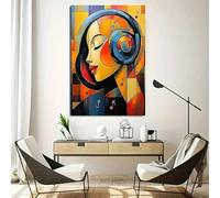 SamLng Modern Abstract Music-Themed Girl with Headphones & Notes Canvas Wall Art - Vibrant Multicolor Geometric Home Decor(70x90cm/with frame)