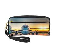 SamLng Reusable Cosmetic Makeup Bag â€“ Aircraft Plane at Sunsets Print Leather Small Makeup Bag for Travel, Toiletry Organizer with Zipper, Black, One Size