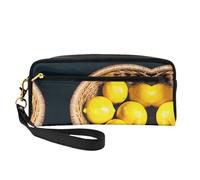 SamLng Reusable Cosmetic Makeup Bag â€“ Basket Lemons Print Leather Small Makeup Bag for Travel, Toiletry Organizer with Zipper, Black, One Size