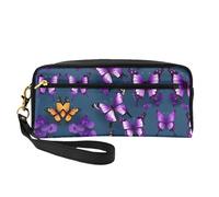 SamLng Reusable Cosmetic Makeup Bag – Beautiful Purple Butterfly Print Leather Small Makeup Bag for Travel, Toiletry Organizer with Zipper, Black, One Size