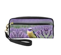 SamLng Reusable Cosmetic Makeup Bag – Bird in Purple Lavender Floral Flowers Print Leather Small Makeup Bag for Travel, Toiletry Organizer with Zipper, Black, One Size