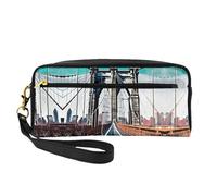 SamLng Reusable Cosmetic Makeup Bag – Brooklyn Bridge Print Leather Small Makeup Bag for Travel, Toiletry Organizer with Zipper, Black, One Size