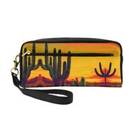 SamLng Reusable Cosmetic Makeup Bag â€“ Cactus in Desert Print Leather Small Makeup Bag for Travel, Toiletry Organizer with Zipper, Black, One Size