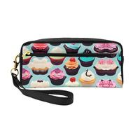 SamLng Reusable Cosmetic Makeup Bag – Colorful Cupcakes Print Leather Small Makeup Bag for Travel, Toiletry Organizer with Zipper, Black, One Size