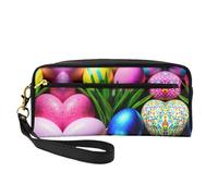 SamLng Reusable Cosmetic Makeup Bag – Colorful Easter Eggs Print Leather Small Makeup Bag for Travel, Toiletry Organizer with Zipper, Black, One Size