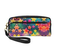 SamLng Reusable Cosmetic Makeup Bag – Colorful Rainbow Stars Print Leather Small Makeup Bag for Travel, Toiletry Organizer with Zipper, Black, One Size