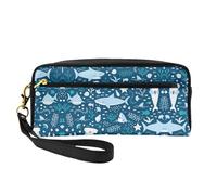 SamLng Reusable Cosmetic Makeup Bag â€“ Cute Blue Fish Print Leather Small Makeup Bag for Travel, Toiletry Organizer with Zipper, Black, One Size