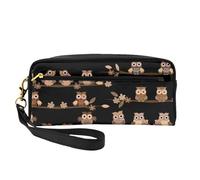 SamLng Reusable Cosmetic Makeup Bag – Cute Brown Cartoon Owls Print Leather Small Makeup Bag for Travel, Toiletry Organizer with Zipper, Black, One Size