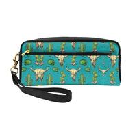 SamLng Reusable Cosmetic Makeup Bag – Cute Cactus and Skull of Bull Print Leather Small Makeup Bag for Travel, Toiletry Organizer with Zipper, Black, One Size