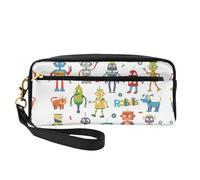 SamLng Reusable Cosmetic Makeup Bag â€“ Cute Cartoon Robots Print Leather Small Makeup Bag for Travel, Toiletry Organizer with Zipper, Black, One Size
