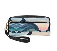 SamLng Reusable Cosmetic Makeup Bag – cute Dolphin jumping Print Leather Small Makeup Bag for Travel, Toiletry Organizer with Zipper, Black, One Size