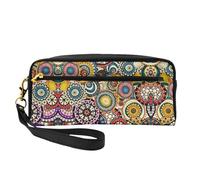 SamLng Reusable Cosmetic Makeup Bag â€“ Ethnic Circles Floral Pattern Print Leather Small Makeup Bag for Travel, Toiletry Organizer with Zipper, Black, One Size