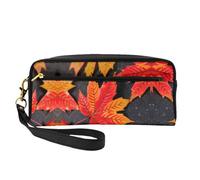 SamLng Reusable Cosmetic Makeup Bag – Fall Red Leaves Print Leather Small Makeup Bag for Travel, Toiletry Organizer with Zipper, Black, One Size