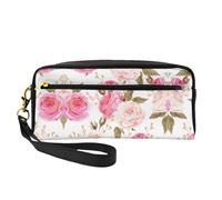 SamLng Reusable Cosmetic Makeup Bag â€“ Floral Flower Rose Pink Print Leather Small Makeup Bag for Travel, Toiletry Organizer with Zipper, Black, One Size