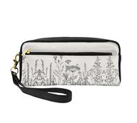 SamLng Reusable Cosmetic Makeup Bag – Floral Herbs Botanical Engraving Print Leather Small Makeup Bag for Travel, Toiletry Organizer with Zipper, Black, One Size
