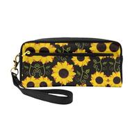 SamLng Reusable Cosmetic Makeup Bag â€“ Floral Sunflower Print Leather Small Makeup Bag for Travel, Toiletry Organizer with Zipper, Black, One Size