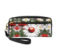 SamLng Reusable Cosmetic Makeup Bag â€“ Flower and White Daisy Print Leather Small Makeup Bag for Travel, Toiletry Organizer with Zipper, Black, One Size