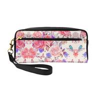SamLng Reusable Cosmetic Makeup Bag – Flower Rose Butterfly Print Leather Small Makeup Bag for Travel, Toiletry Organizer with Zipper, Black, One Size