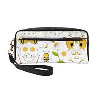 SamLng Reusable Cosmetic Makeup Bag – Flying Bees Daisy Honey Print Leather Small Makeup Bag for Travel, Toiletry Organizer with Zipper, Black, One Size
