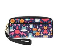 SamLng Reusable Cosmetic Makeup Bag – Funny Cats Birds and Flowers Print Leather Small Makeup Bag for Travel, Toiletry Organizer with Zipper, Black, One Size