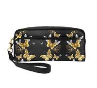 SamLng Reusable Cosmetic Makeup Bag â€“ Gold White Butterflies Black Print Leather Small Makeup Bag for Travel, Toiletry Organizer with Zipper, Black, One Size